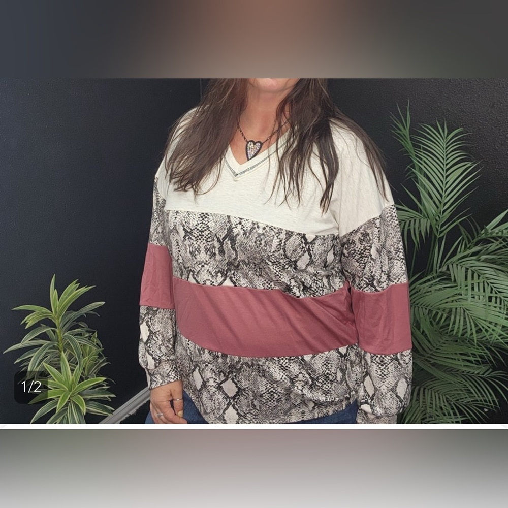 Heimish Oatmeal Solid Snake Contrast Print V Neck Long Sleeve Top New